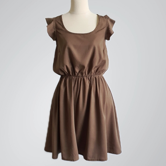 Vero Moda Brown Racerback Dress with Ruffle Cap Sleeves Size 10 - Picture 2 of 6